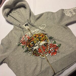 Ed Hardy Gray Hoodie with Tiger and Rose Design